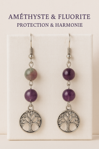 Boucles d'oreilles fluorite et amthyste Arbre de vie