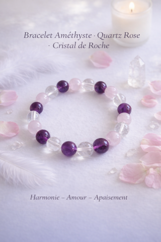 Bracelet Am�thyste,  cristal de roche et quartz rose