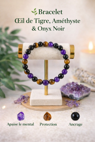 Bracelet Am�thyste,  �il de tigre et Onyx Noir 